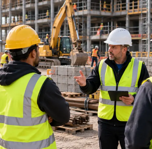 Site supervisor in a white hard hat and high visibility vest talking to workers on a construction site