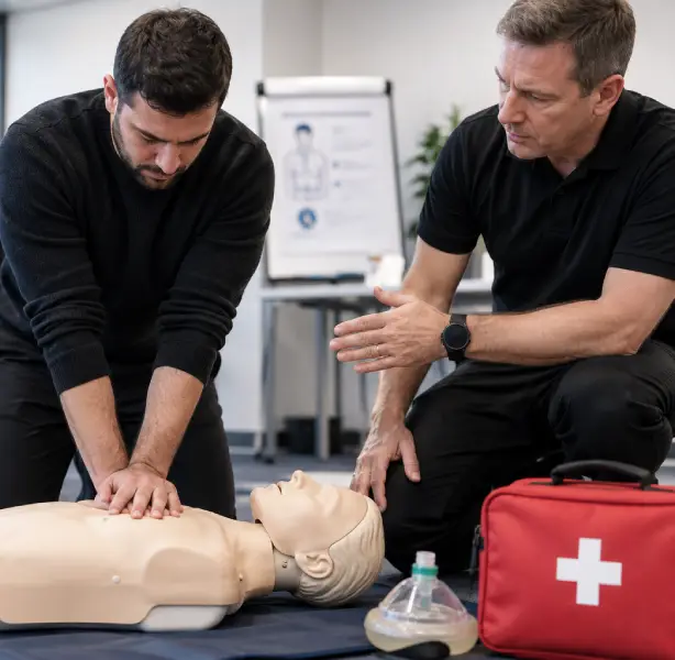 A learner practising CPR on a training manikin while a first aid trainer watches