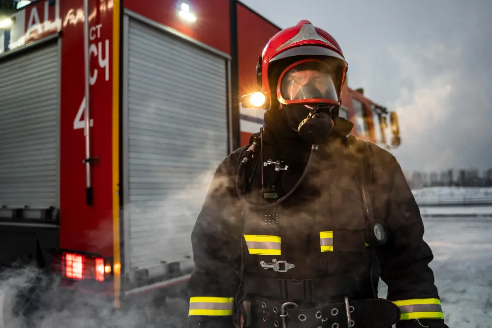Security officer on a night patrol checking chemical drums in an industrial warehouse