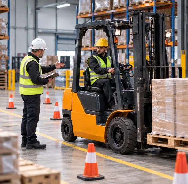 Forklift driver in a hard hat in a warehouse, listening to an instructor holding a clipboard