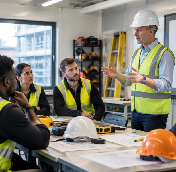 Construction learners in high visibility vests at a classroom table listening to a tutor in a hard hat
