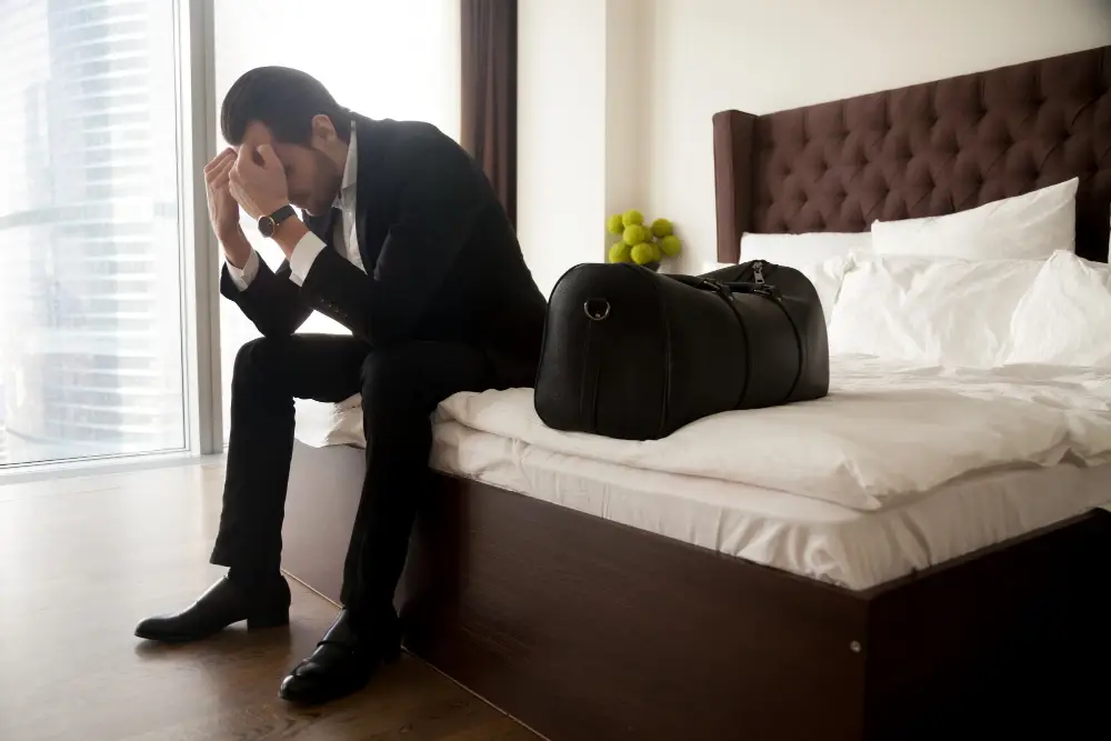 Hotel security officer speaking calmly to a guest in a hotel corridor at night