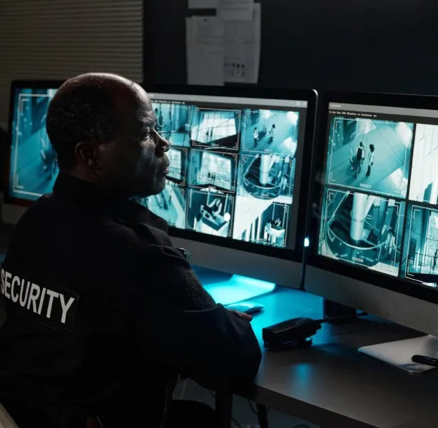 CCTV operator in a security jacket watching a bank of monitors in a control room
