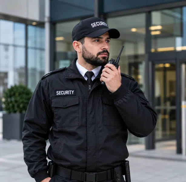 Door supervisor in a black security uniform speaking into a radio outside a building entrance