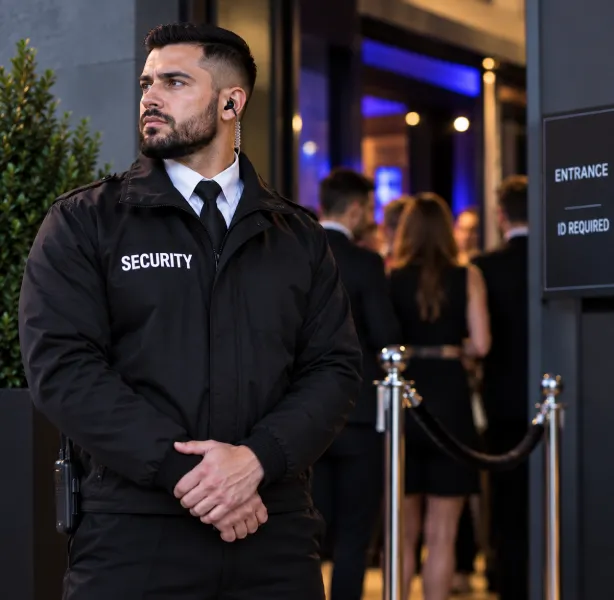 Door supervisor in a black security jacket at a venue entrance beside a rope barrier and an ID required sign