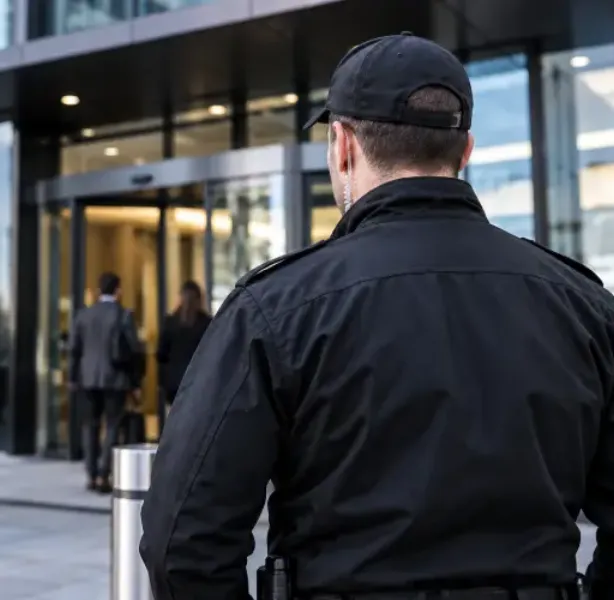 Security officer in a black uniform and cap watching the entrance of an office building